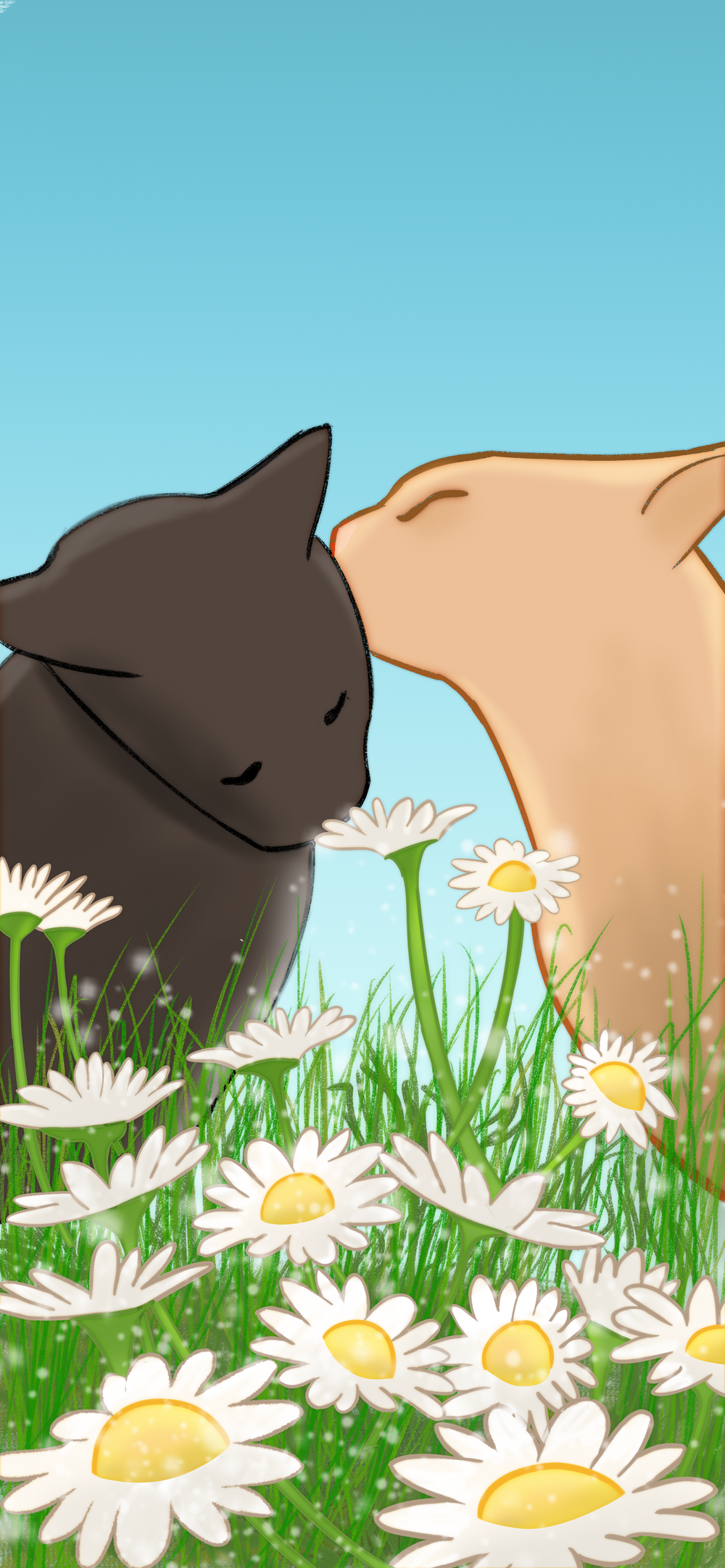 The background the hero of the website : a drawing of two cats kissing, with flowers in the foreground. The sky is blue.